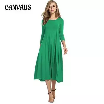 Осеннее женское платье с круглым вырезом и средним рукавом, однотонные свободные платья