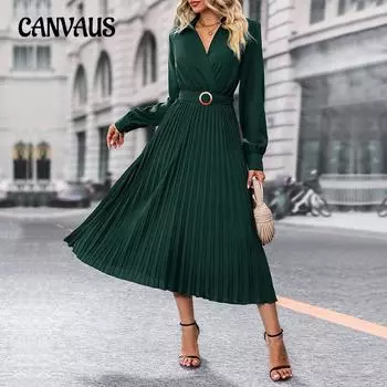 Осеннее женское платье с лацканами, темпераментное элегантное однотонное платье премиум-класса с длинными рукавами S