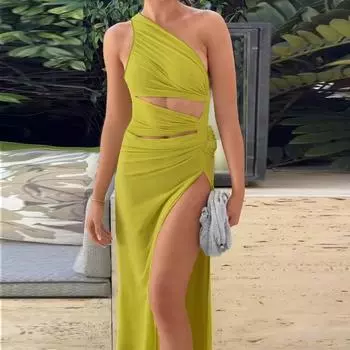 Осеннее женское платье с поясной сумкой в стиле знаменитостей, сексуальное облегающее праздничное платье с косыми плечами XS чёрный