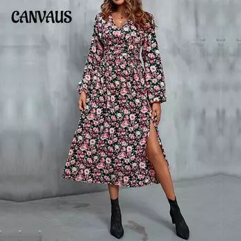 Осеннее женское платье с принтом и темпераментом, элегантные длинные платья S красный