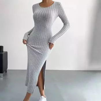 Осеннее женское платье с разрезом подол, облегающее обтягивающее платье с длинными рукавами и круглым вырезом в полоску, сплошной цвет, трикотажное, с узкой талией, длиной до середины икры, женское платье-миди S светло-серый
