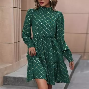 Осеннее женское платье с ромбовидным узором и длинными рукавами S зелёный