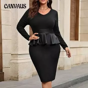 Осеннее женское платье с талией больших размеров, черное обтягивающее платье с оборками 0XL чёрный