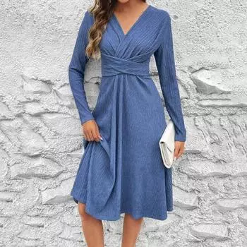 Осеннее женское платье с v-образным вырезом и длинными рукавами, высокой талией длиной до колена, винтажное однотонное платье трапециевидной формы со свободным подолом, женское повседневное платье миди