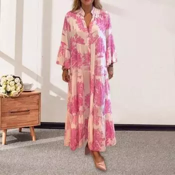 Осеннее женское платье с V-образным вырезом, длинными рукавами и рогами в богемном стиле M розовый