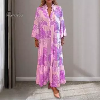 Осеннее женское платье с V-образным вырезом, длинными рукавами и рогами в богемном стиле M розовый