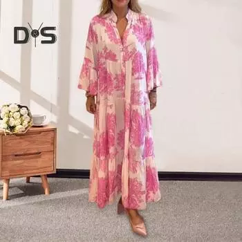 Осеннее женское платье с V-образным вырезом, длинными рукавами и рогами в богемном стиле M розовый