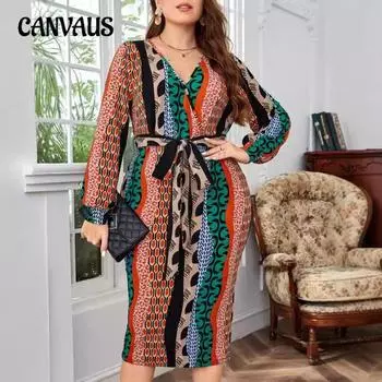 Осеннее женское платье с V-образным вырезом и длинными рукавами, модные платья больших размеров 0XL разноцветный