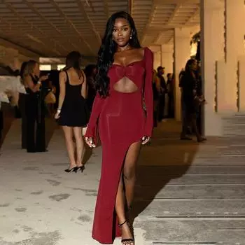 Осеннее женское платье с V-образным вырезом, сексуальное, с ажурной отделкой, узким разрезом и длинными рукавами S красный