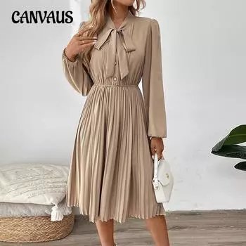 Осеннее женское платье с воротником-бабочкой, однотонное, с пуговицами, плиссированное платье S абрикосовый