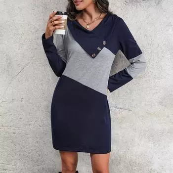 Осеннее женское платье-толстовка с цветным блоком и воротником-стойкой, длинными рукавами S чёрный