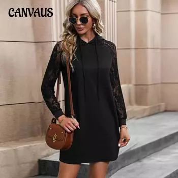 Осеннее женское платье-толстовка с кружевными рукавами, темпераментное элегантное однотонное длинное платье с капюшоном и длинными рукавами S чёрный