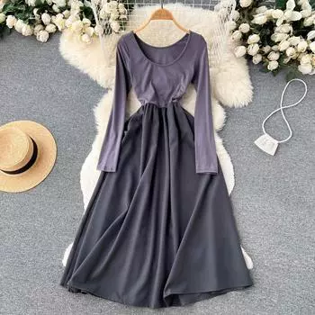 Осеннее женское платье трапециевидной формы с длинными рукавами и круглым вырезом во французском стиле, тонкий дизайн и контрастный цвет