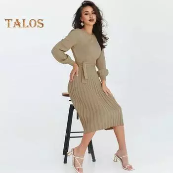 Осеннее женское платье, трикотажное, с круглым вырезом, длинными рукавами, облегающее, со шнуровкой, с узкой талией, длиной до середины икры, эластичное, однотонное, миди-платье-свитер S зелёный