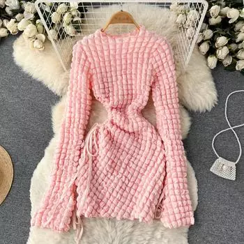 Осеннее женское платье в французскую клетку с пузырьками и длинными рукавами, облегающее талию, на шнуровке до бедер