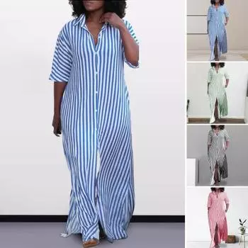 Осеннее женское платье в полоску с длинными рукавами, свободное однобортное платье с разрезом подол, полная длина, повседневное платье макси в повседневном стиле XL красный