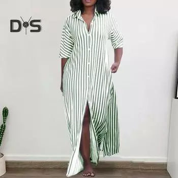 Осеннее женское платье в полоску с длинными рукавами, свободное однобортное платье с разрезом подол, полная длина, повседневное платье макси с лацканами в повседневном стиле XL светло-синий