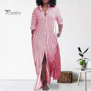 Осеннее женское платье в полоску с длинными рукавами, свободное однобортное платье с разрезом подол, полная длина, повседневное платье макси с лацканами в повседневном стиле XL красный