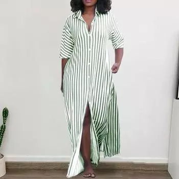 Осеннее женское платье в полоску с длинными рукавами, свободное однобортное платье с разрезом подол, полная длина, повседневное платье макси с лацканами в повседневном стиле XL светло-синий