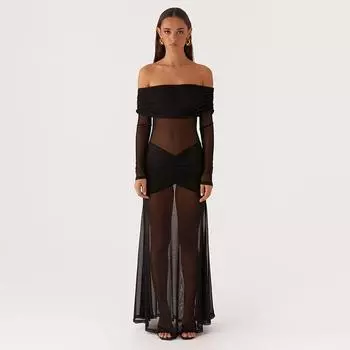 Осеннее женское платье в стиле «темперамент», модное сексуальное платье с одной линией плеч и длинными рукавами в сетку XS чёрный