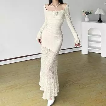 Осеннее женское платье во французском стиле с квадратным воротником, цветочным принтом, длинными рукавами, облегающим силуэтом, с запахом и бедрами S бежевый