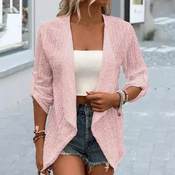 Осеннее женское повседневное пальто с рукавами 3/4 и открытым передом, сплошной цвет, ажурный кардиган, облегающая верхняя одежда, уличная одежда L белый