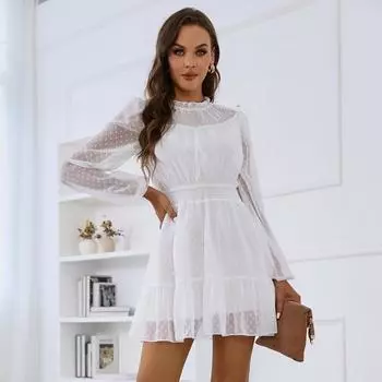 Осеннее женское повседневное платье с круглым вырезом и высокой талией и длинным рукавом, однотонное кружевное шикарное платье белого цвета, S-XL S белый