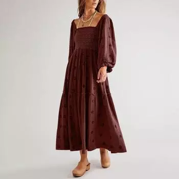 Осеннее женское повседневное платье с квадратным воротником и роговыми рукавами, длинная юбка, повседневные и летние макси-платья для женщин M коричневый