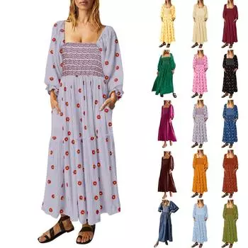 Осеннее женское повседневное платье с квадратным воротником и роговыми рукавами, длинная юбка, повседневные и летние макси-платья для женщин L