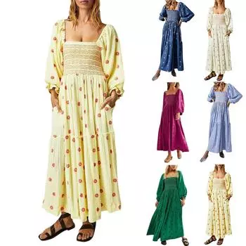 Осеннее женское повседневное платье с квадратным воротником и роговыми рукавами, длинная юбка, повседневные и летние макси-платья для женщин S бежевый