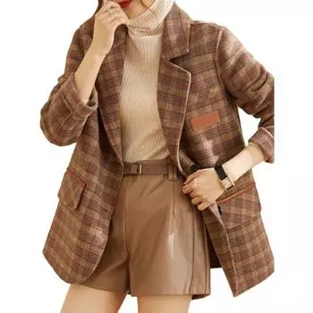 Осеннее женское повседневное шерстяное пальто в клетку с кашемиром M