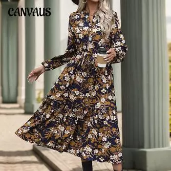 Осеннее женское ретро-платье с принтом, элегантное платье с V-образным вырезом S темно-синий