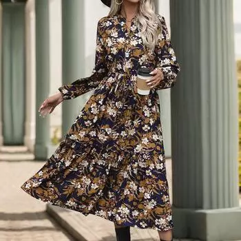 Осеннее женское ретро-платье с принтом, элегантное платье с V-образным вырезом S темно-синий