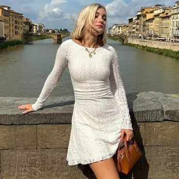 Осеннее женское сексуальное кружевное платье с вырезом на ягодицах, однотонное платье с круглым вырезом и длинными рукавами S белый
