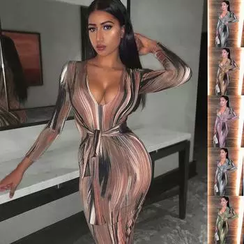Осеннее женское сексуальное облегающее платье макси с завязками на талии, платья с абстрактным принтом и длинными рукавами S розовый