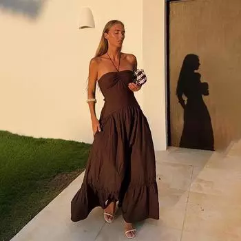 Осеннее женское сексуальное платье с открытой спиной и бретелькой через шею, облегающее, с запахом и ягодицами S коричневый