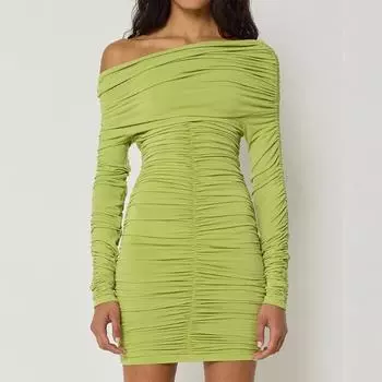 Осеннее женское темпераментное однотонное платье с косым воротником, длинными рукавами, плиссированное, облегающее, с запахом и ягодицами S зелёный