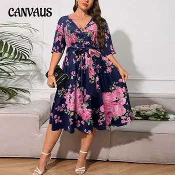 Осеннее женское темпераментное платье с цветочным принтом и V-образным вырезом больших размеров с эластичным поясом и широкими бретелями 1XL розовый/синий