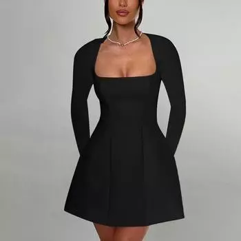 Осеннее женское темпераментное повседневное облегающее платье с квадратным воротником и длинными рукавами S чёрный