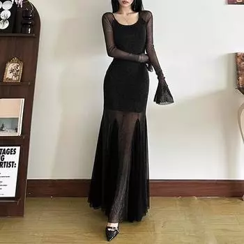 Осеннее женское темпераментное сексуальное платье с U-образным вырезом, открытой спиной, длинными рукавами, облегающее платье с запахом и ягодицами S чёрный