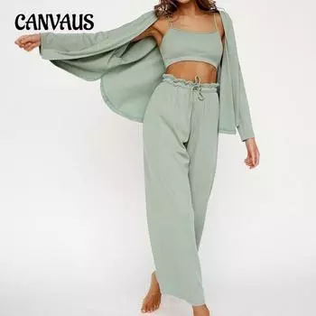 Осеннее женское трикотажное нижнее белье из французского ледяного шелка с накидкой, пижама в полоску, комплект из трех предметов для дома S зелёный