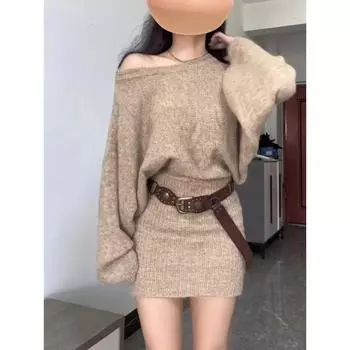 Осеннее женское трикотажное платье для взрослых с вырезом-лодочкой и открытыми плечами, с длинным рукавом, с высокой талией, облегающие мини-платья, вязаные платья S коричневый