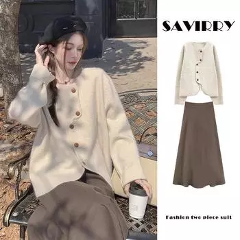 Осеннее женское трикотажное платье, комплект, тонкое, плотное, удобное, повседневное, куртка-платье с длинными рукавами, комплект из двух предметов S