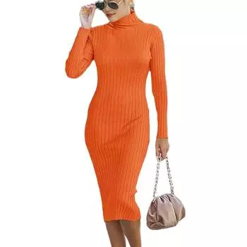Осеннее женское трикотажное платье, модное чистое трикотажное платье средней длины в полоску S оранжевый