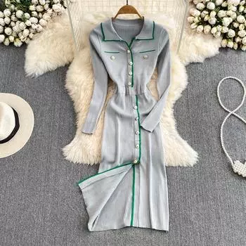 Осеннее женское трикотажное платье-свитер с длинными рукавами и лацканами, модное облегающее трикотажное платье One Size чёрный