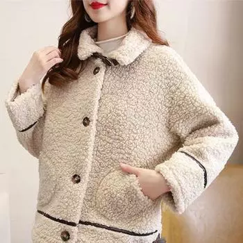 Осеннее женское утолщенное пальто из овечьей шерсти в Корейском стиле, свободная теплая одежда больших размеров с длинными рукавами S бежевый