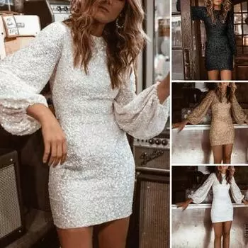 Осеннее женское вечернее мини-платье с длинными рукавами-фонариками, круглым вырезом, блестящими блестками, сплошной цвет, с круглым вырезом, облегающее платье для клубного выпускного вечера, короткое платье для торжественных случаев M чёрный