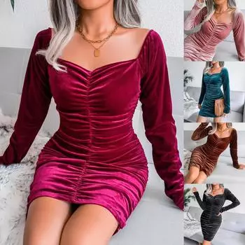 Осеннее женское велюровое платье с открытыми плечами, облегающее однотонное модное бархатное платье-футляр, зимнее мини-платье с длинными рукавами и рюшами, новинка 2024 года S розовый