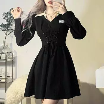 Осеннее женское винтажное черное платье, весенние платья с воротником-поло и длинными рукавами S чёрный