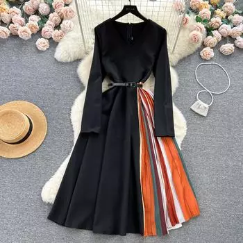 Осеннее женское винтажное вязаное платье в стиле пэчворк, плиссированное платье, модные длинные вечерние платья миди с v-образным вырезом M чёрный